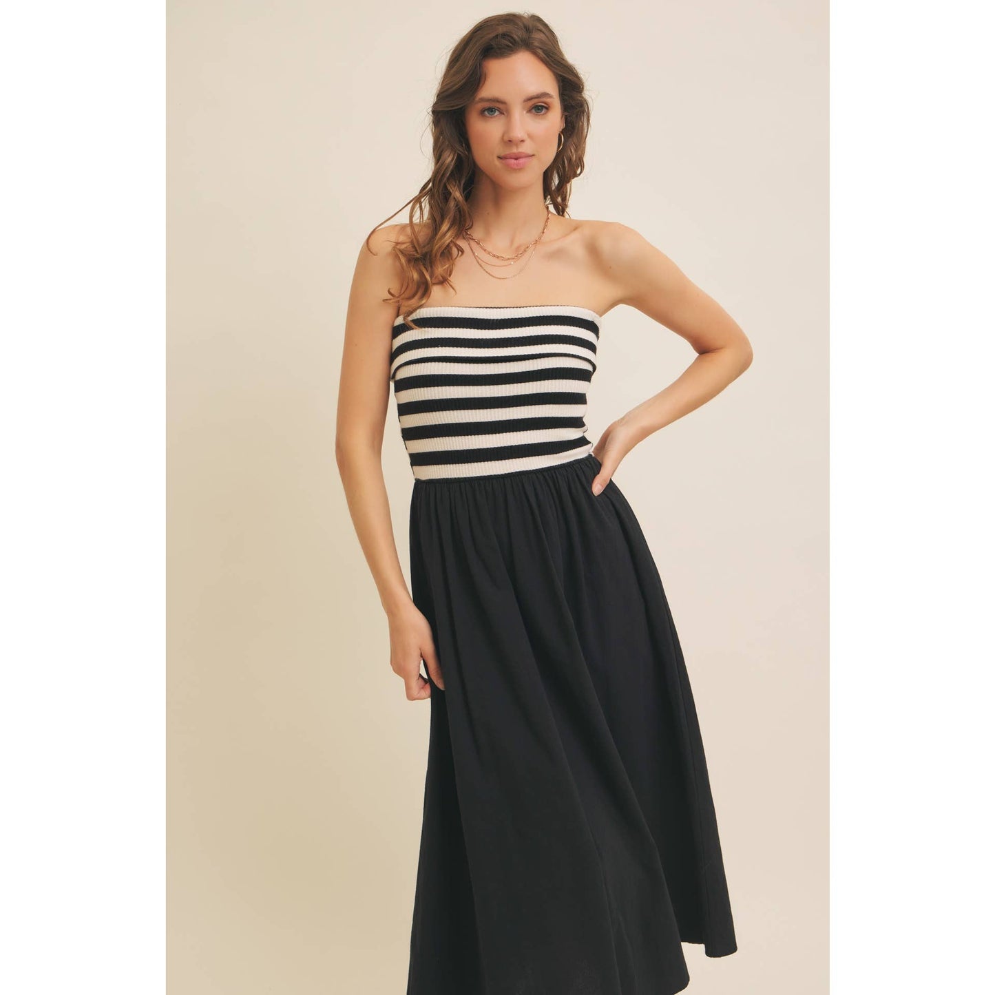 FOLDED CONTRAST STRIPE RIB SWEATER TOP MIDI DRESS