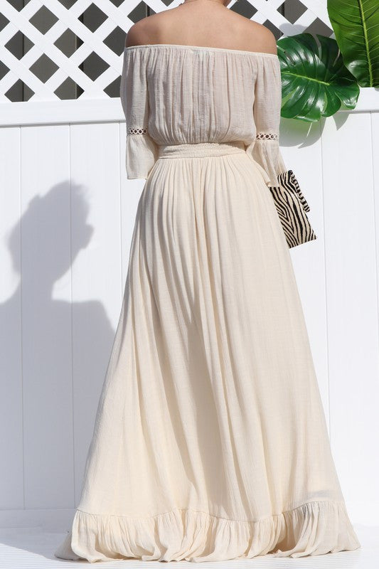 NATURAL OFF SHOULDER MAXI DRESS
