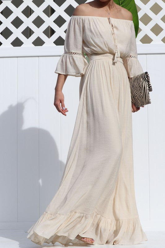 NATURAL OFF SHOULDER MAXI DRESS