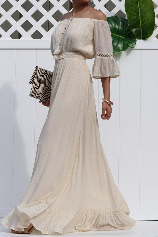 NATURAL OFF SHOULDER MAXI DRESS
