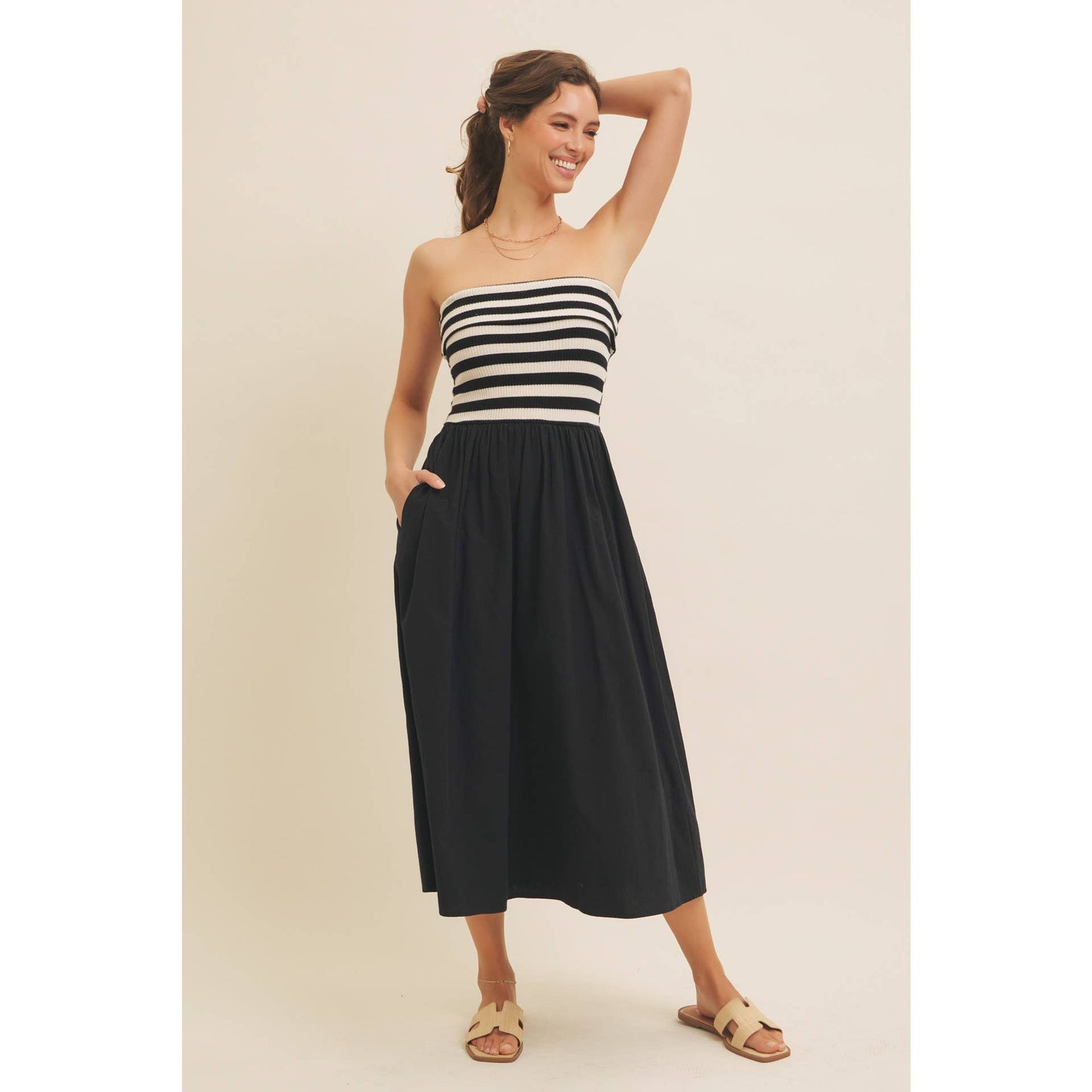 FOLDED CONTRAST STRIPE RIB SWEATER TOP MIDI DRESS