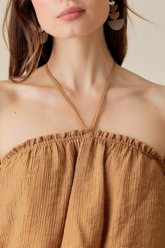 RUSTIC TULUM RUFFLED HALTER TOP