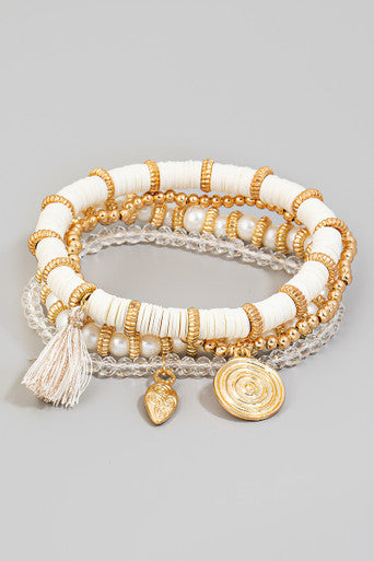 Coin And Tassel Charm Mixed Beaded Bracelet Set