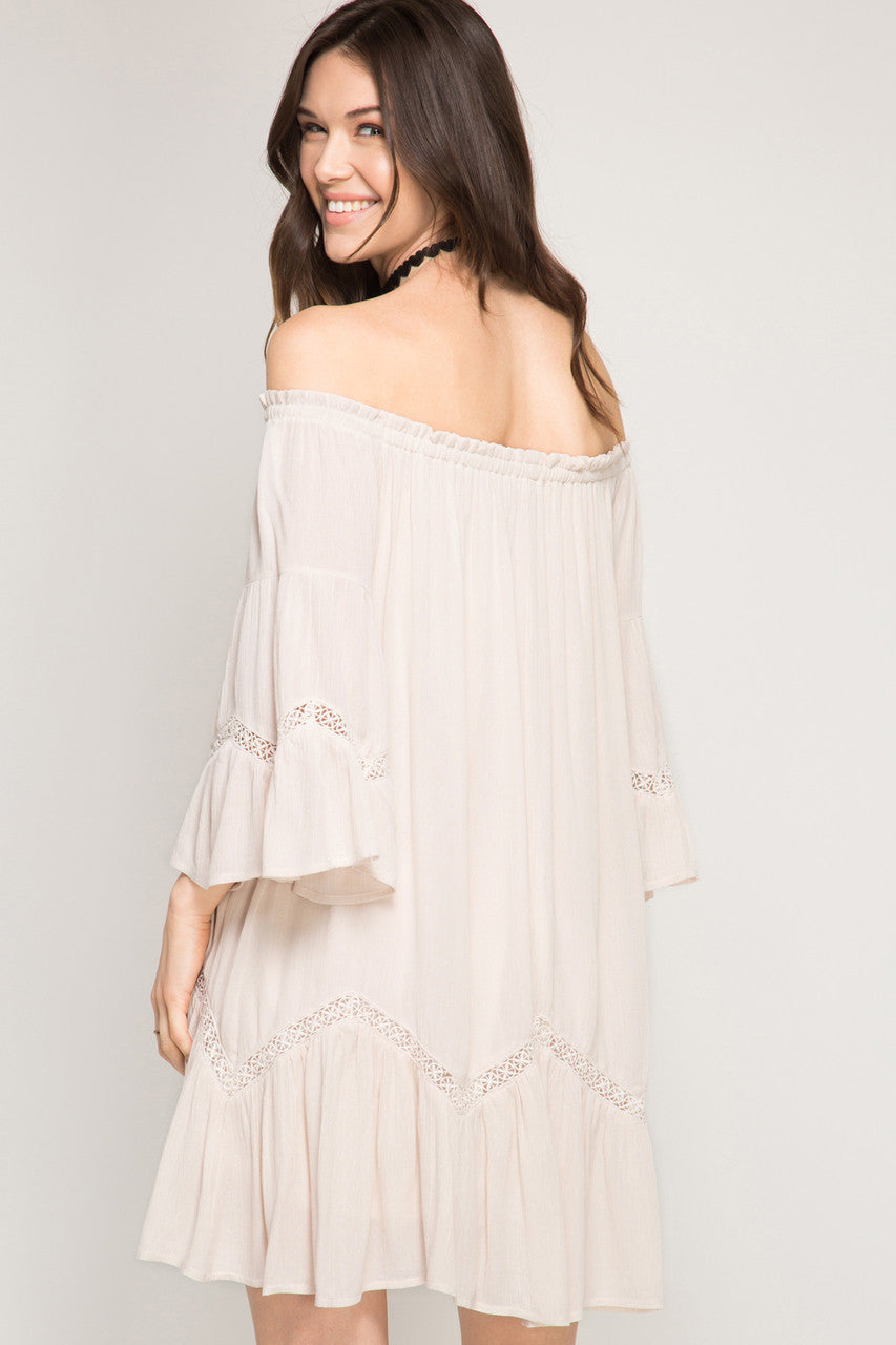 3/4 BELL SLEEVE OFF SHOULDER SWING DRESS