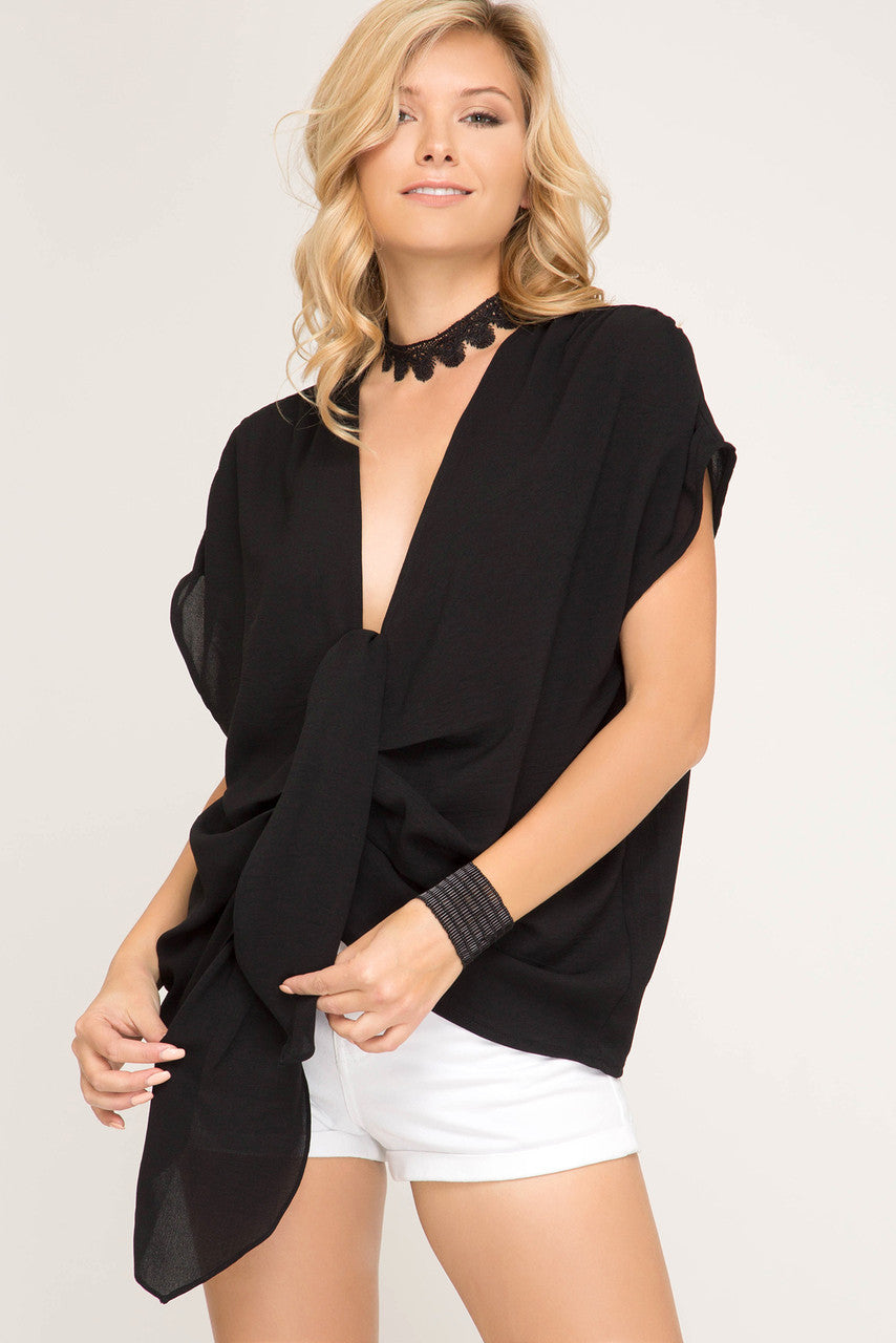 BLACK DONNA DROP SHOULDER TIE TOP