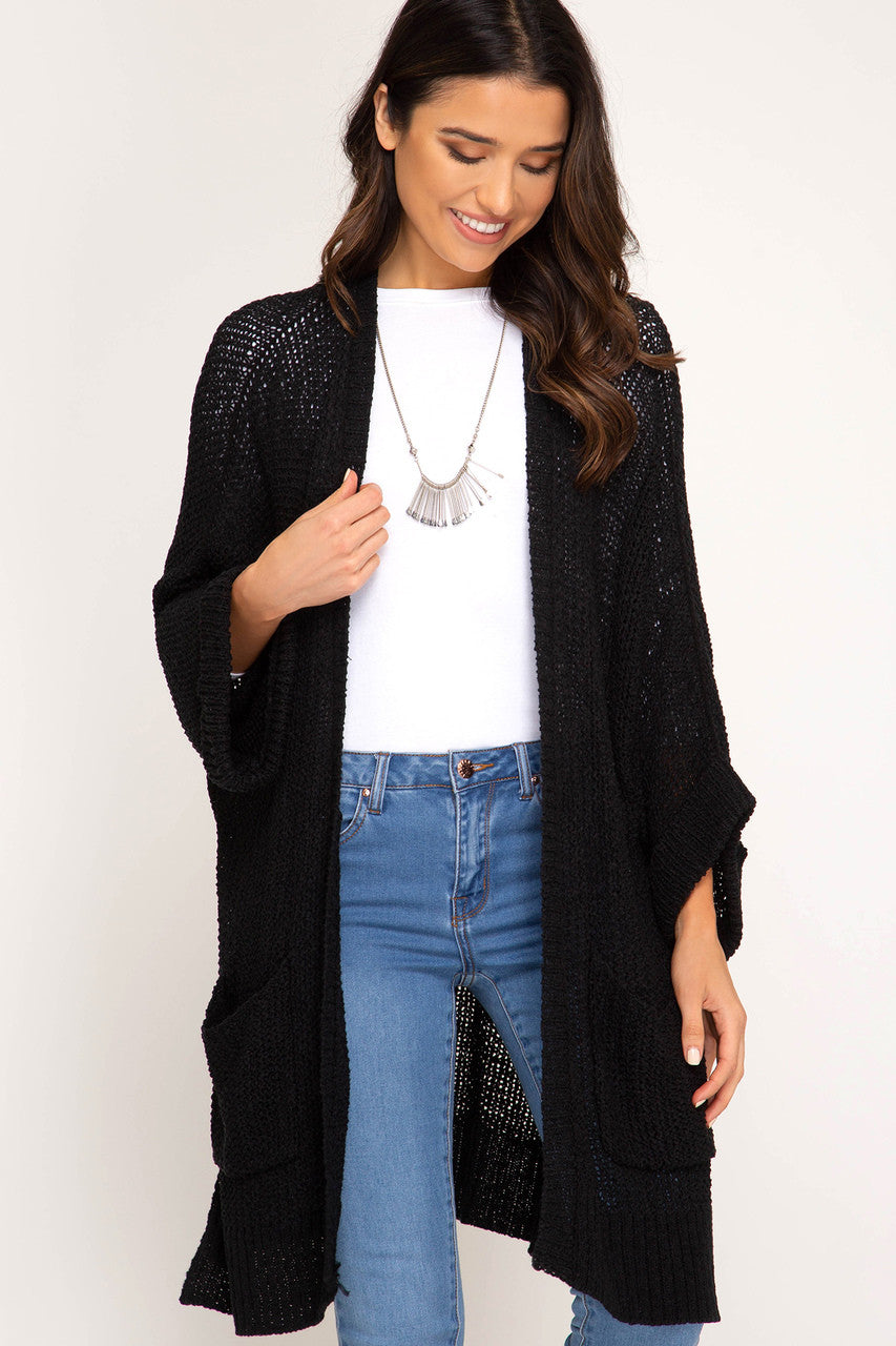 SUSAN OPEN BLACK SWEATER CARDIGAN WITH POCKETS