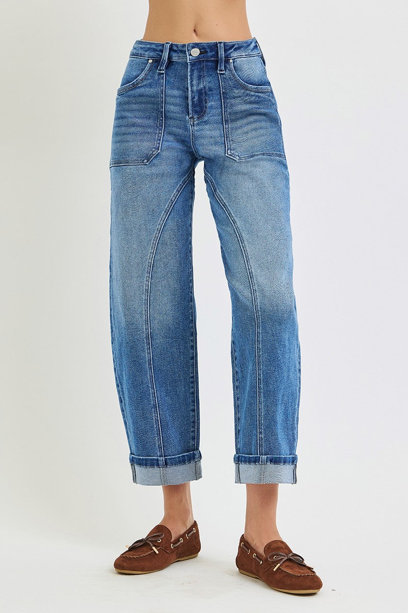 Mid Rise Crop Barrel Curved Seam Line Detail Cuffed Jeans