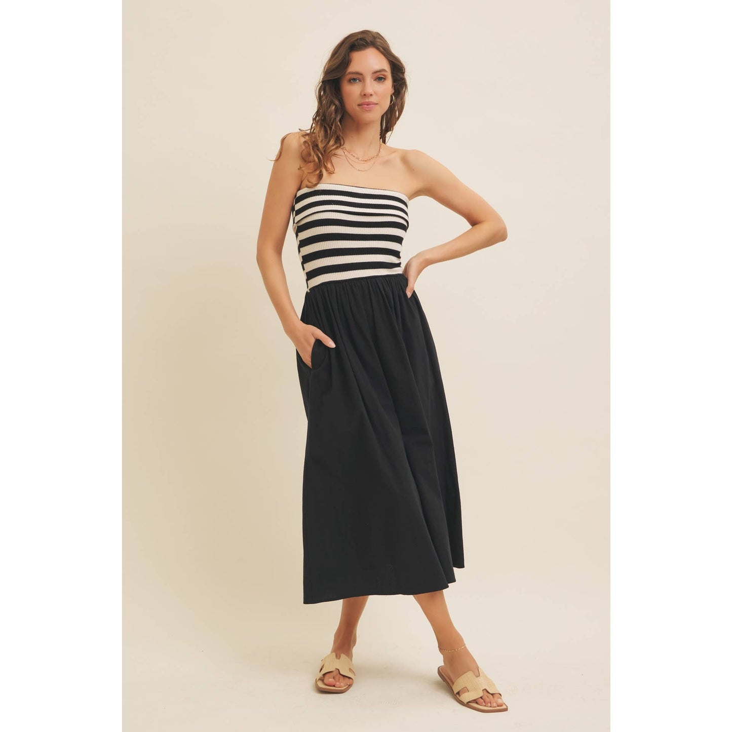 FOLDED CONTRAST STRIPE RIB SWEATER TOP MIDI DRESS