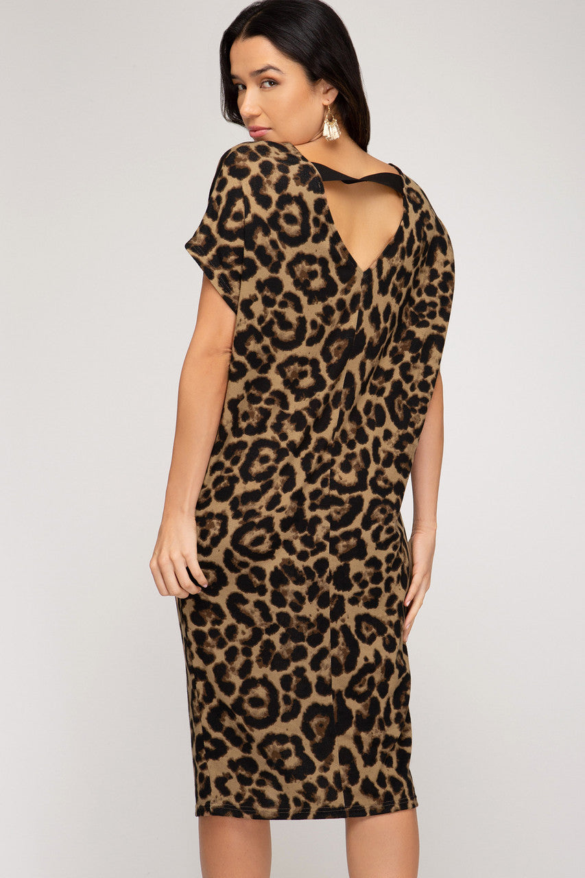 DROP SHOULDER V NECK LEOPARD DRESS