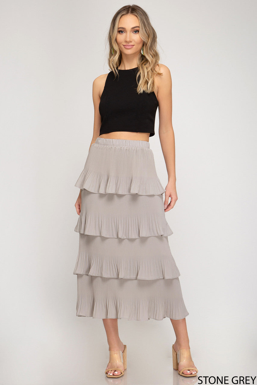PLEATED TIERED WOVEN MIDI SKIRT