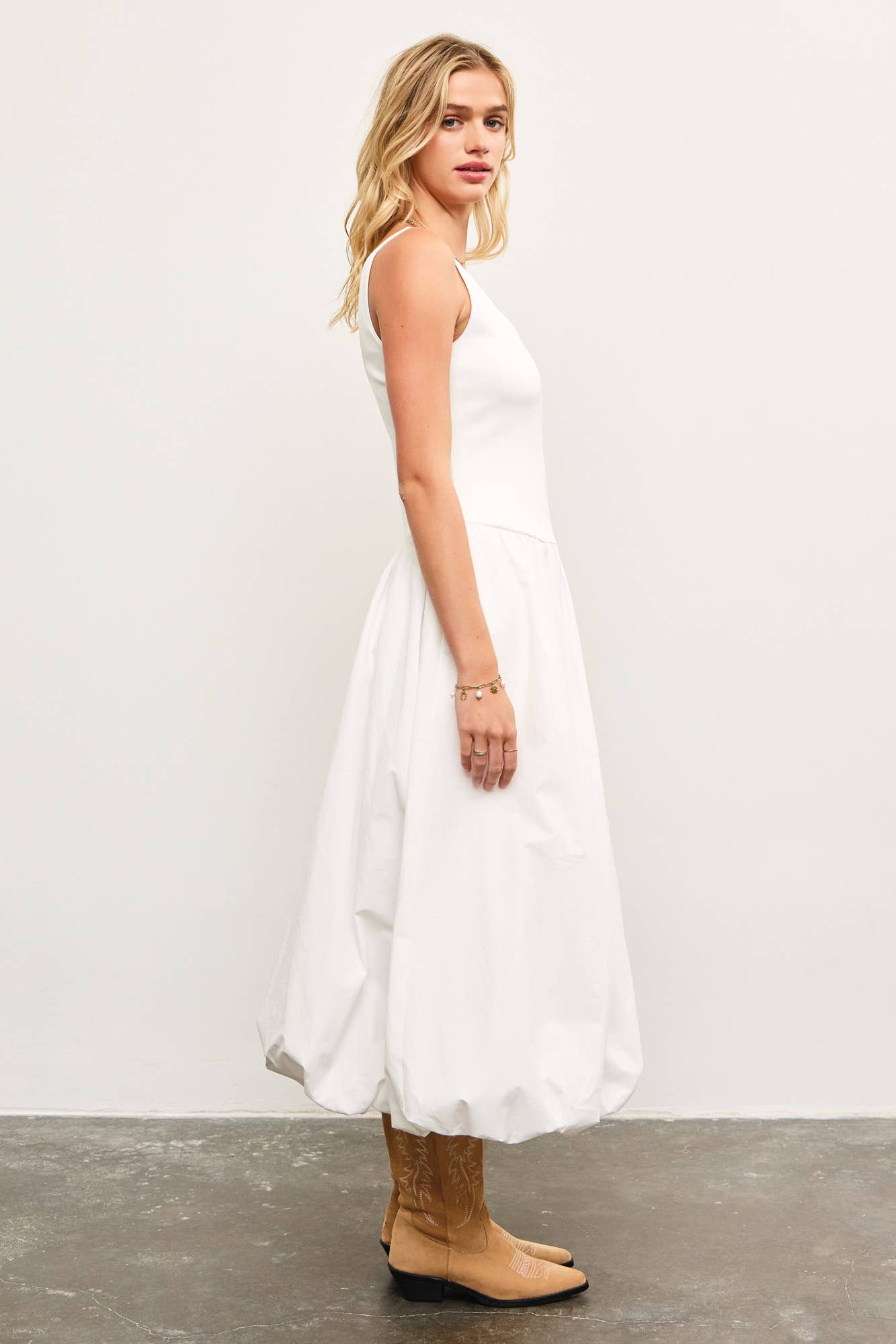 BALLOON HEM SLEEVELESS MIDI DRESS ESPRESSO