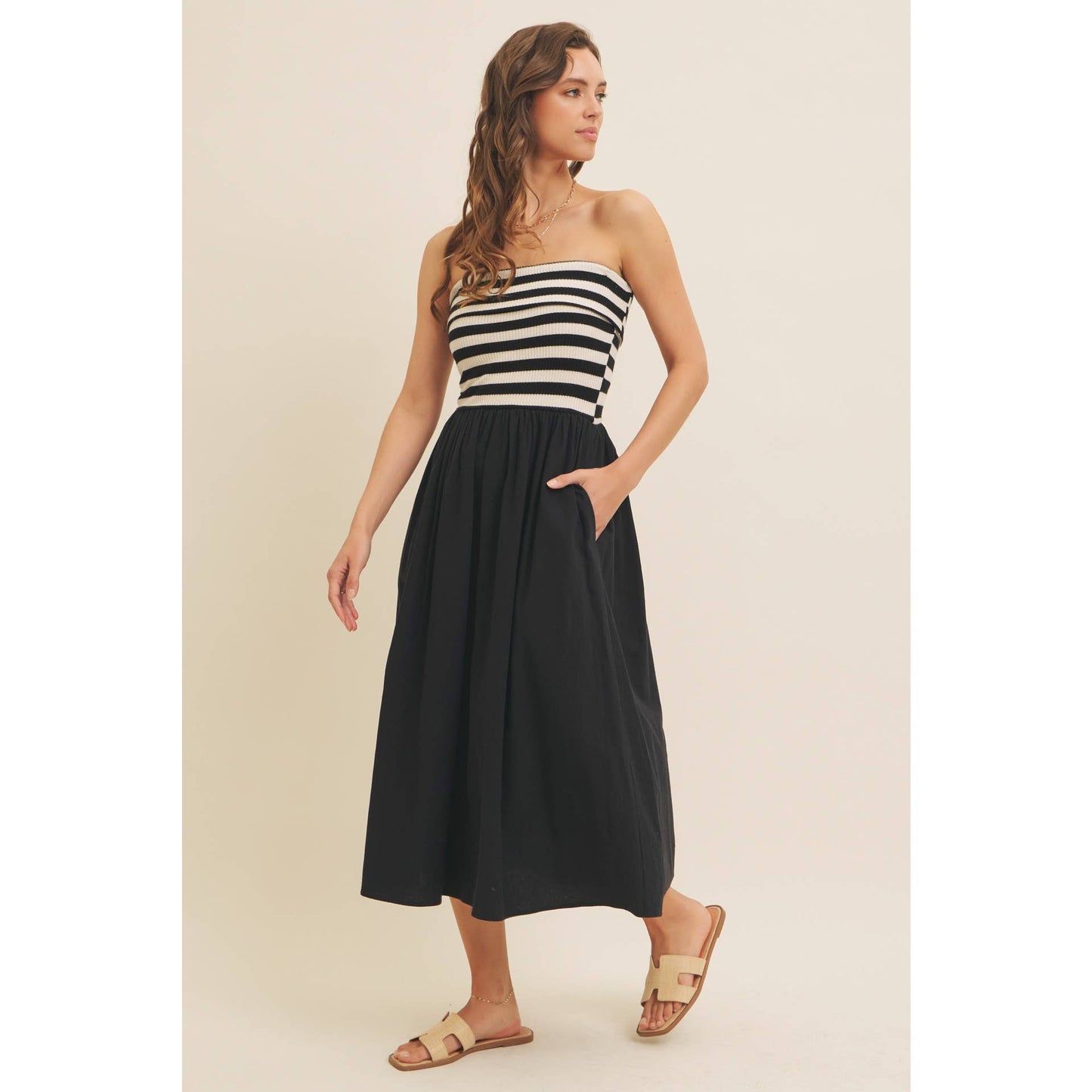 FOLDED CONTRAST STRIPE RIB SWEATER TOP MIDI DRESS