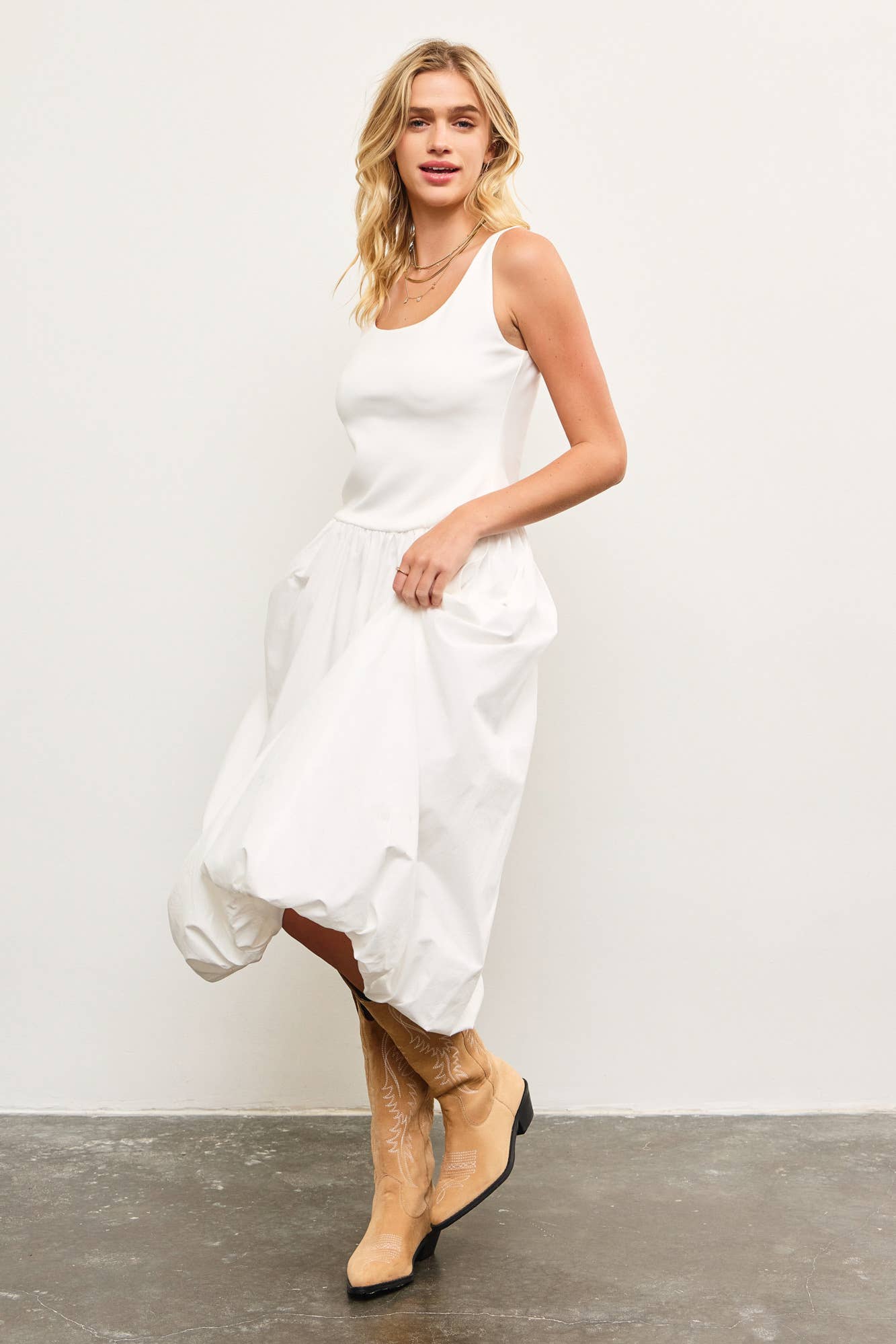 BALLOON HEM SLEEVELESS MIDI DRESS ESPRESSO
