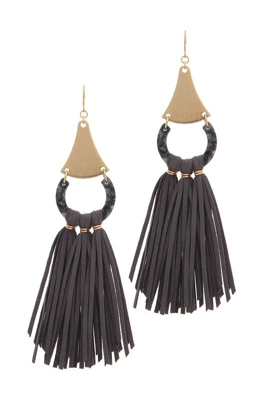 GREY ACETATE SUEDE TASSEL DROP EARRING