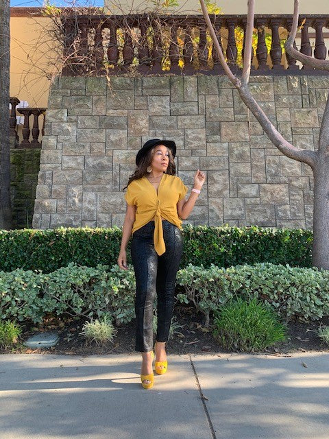 MUSTARD DONNA DROP SHOULDER TIE TOP
