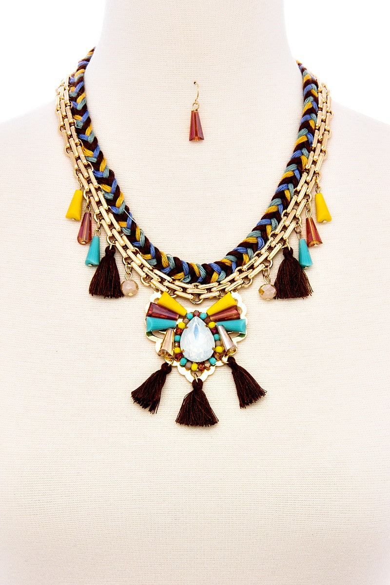 BRAIDED TRIPLE COLOR THREADS WITH TASSEL AND GLASS BEAD