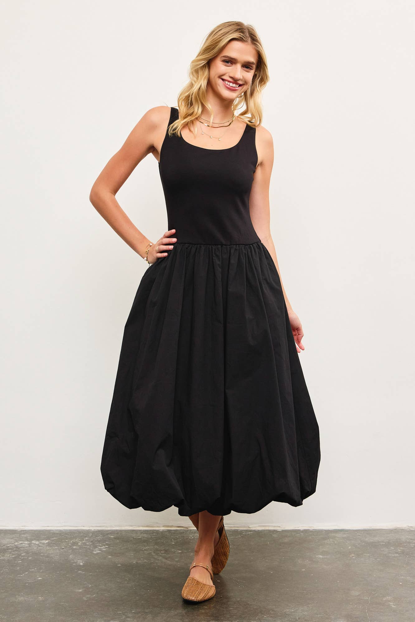 BALLOON HEM SLEEVELESS MIDI DRESS ESPRESSO