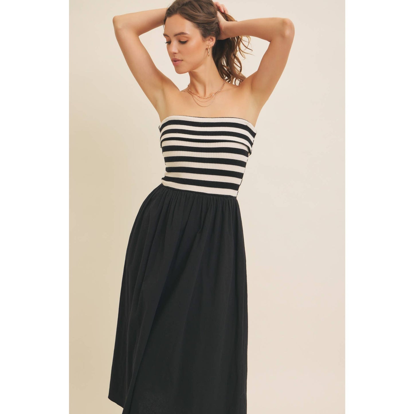 FOLDED CONTRAST STRIPE RIB SWEATER TOP MIDI DRESS
