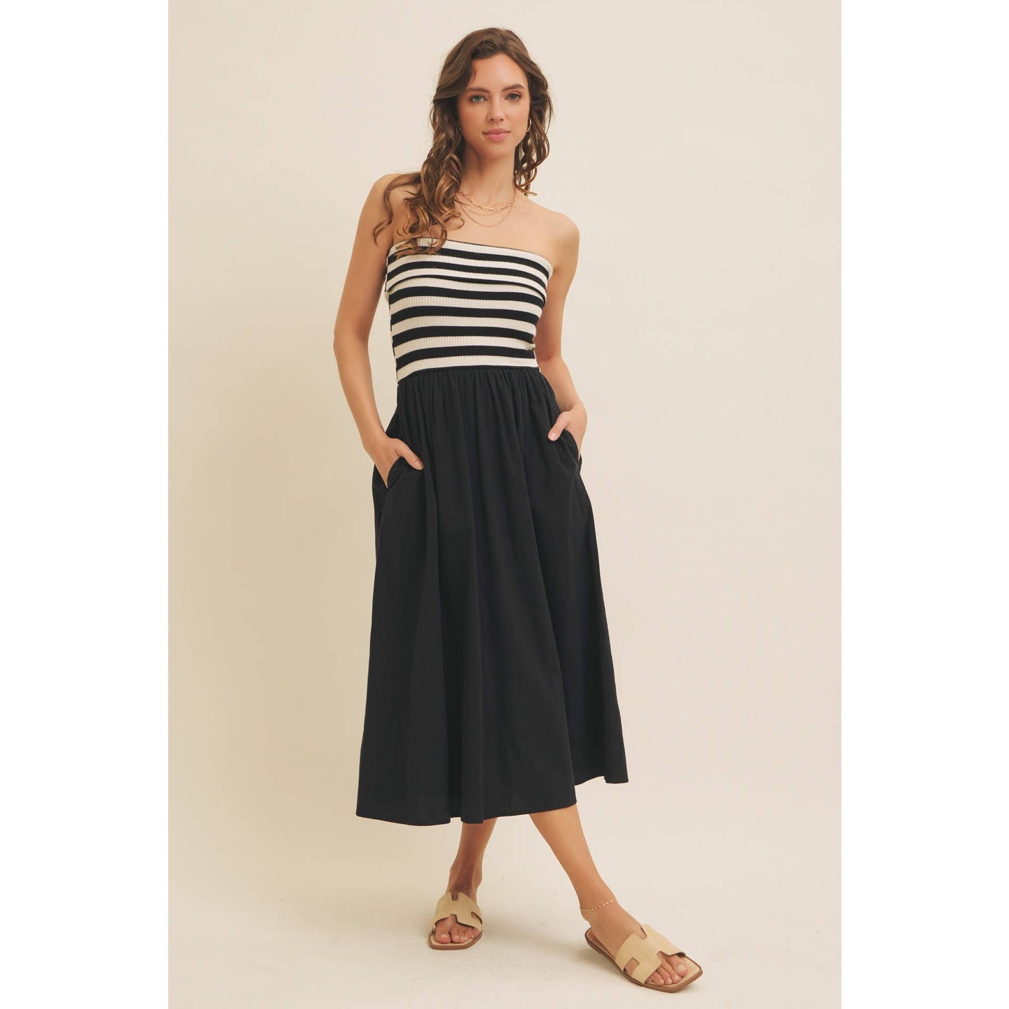 FOLDED CONTRAST STRIPE RIB SWEATER TOP MIDI DRESS