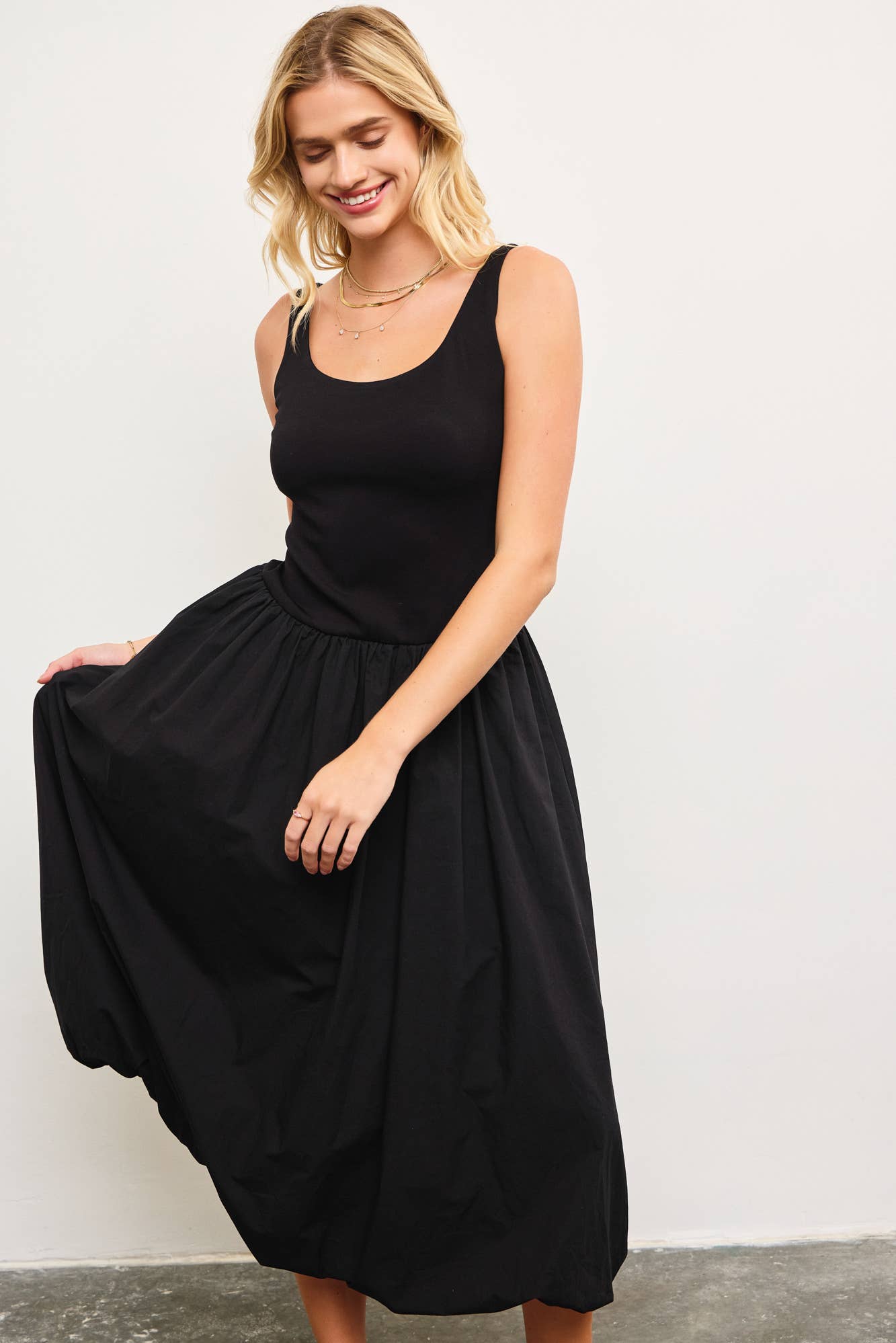 BALLOON HEM SLEEVELESS MIDI DRESS ESPRESSO