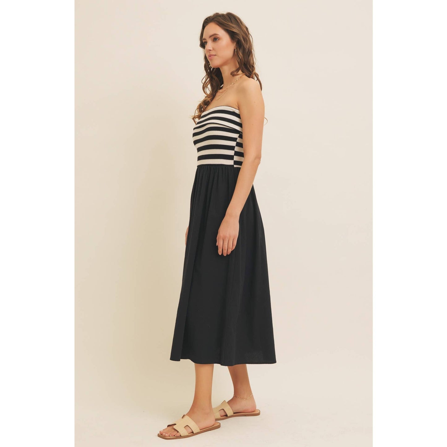 FOLDED CONTRAST STRIPE RIB SWEATER TOP MIDI DRESS