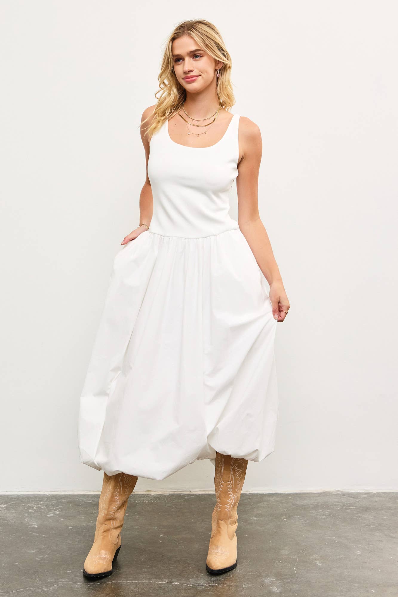 BALLOON HEM SLEEVELESS MIDI DRESS ESPRESSO