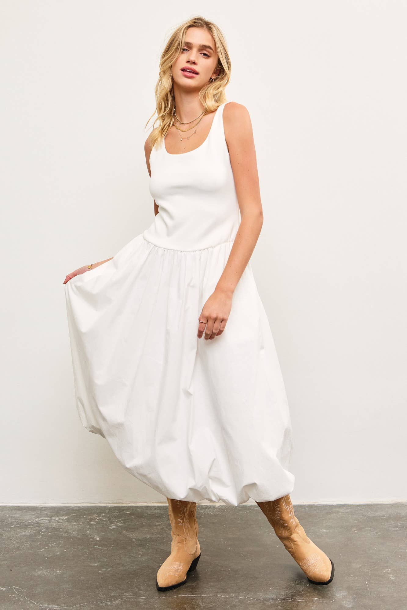 BALLOON HEM SLEEVELESS MIDI DRESS ESPRESSO