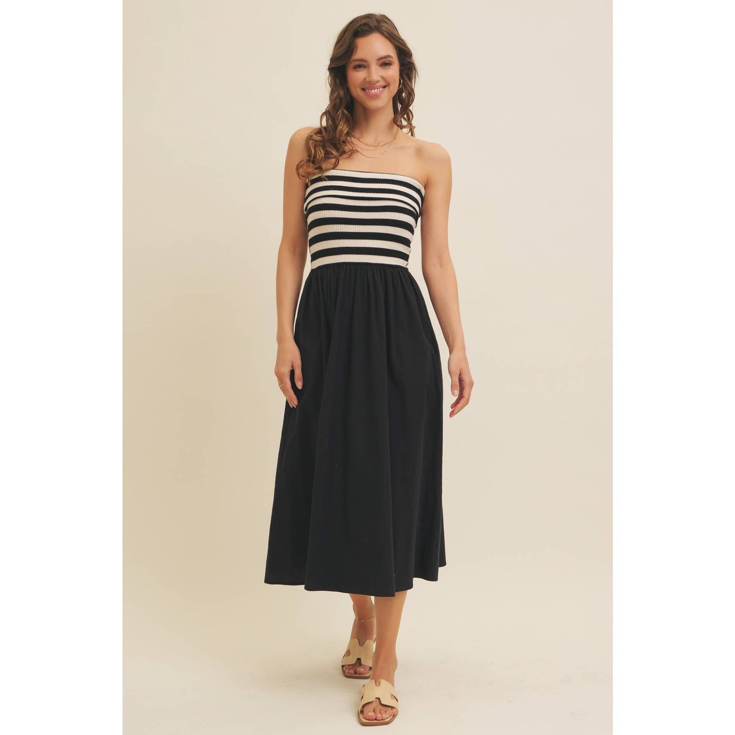 FOLDED CONTRAST STRIPE RIB SWEATER TOP MIDI DRESS