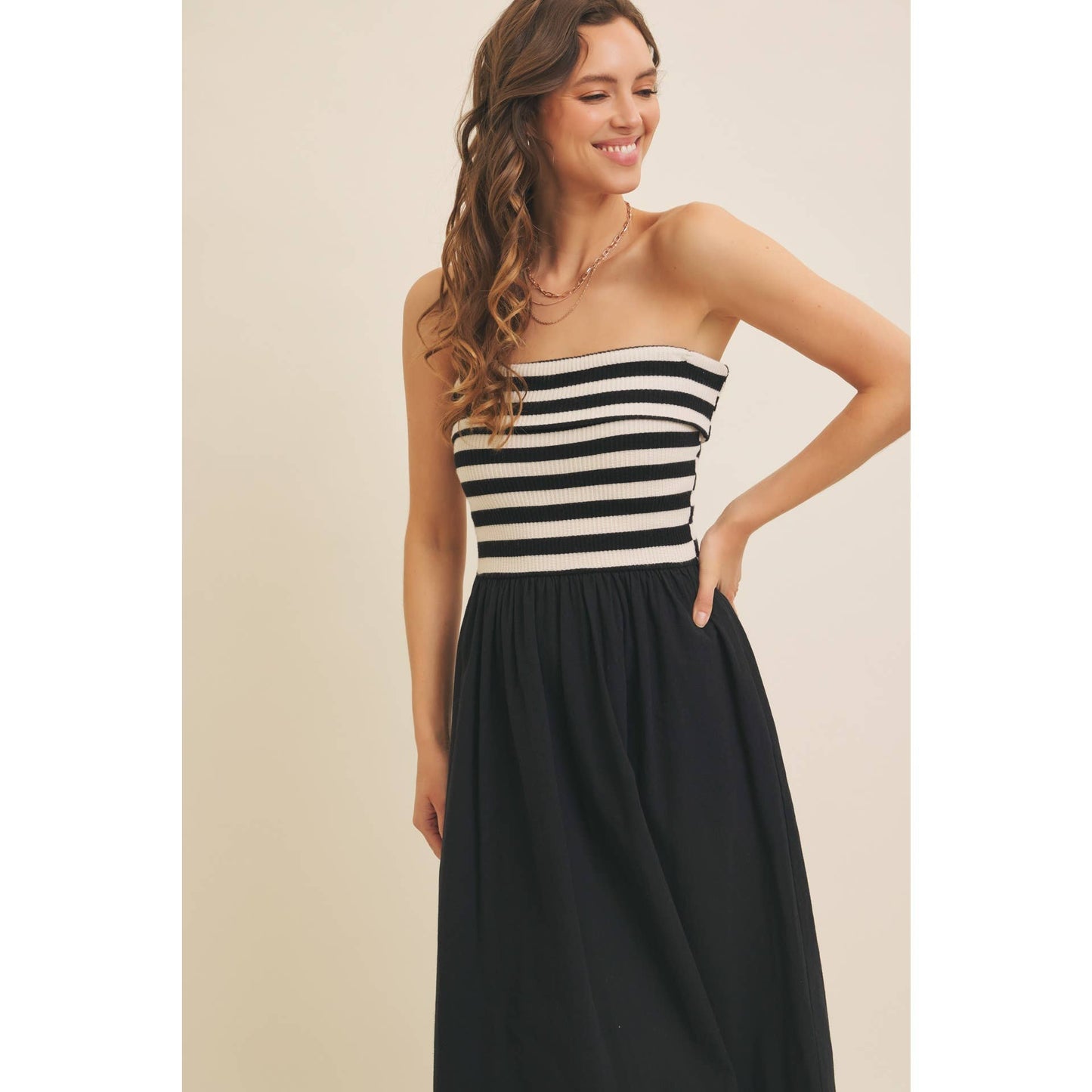 FOLDED CONTRAST STRIPE RIB SWEATER TOP MIDI DRESS