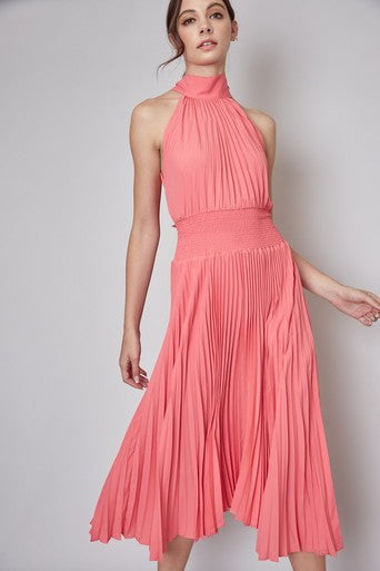 COLOR ME CORAL PLEATED HALTER DRESS