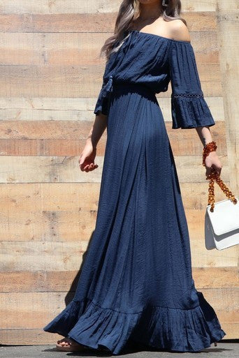 NAVY OFF SHOULDER MAXI DRESS