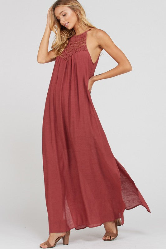 GREEK ISLAND MOTIF HALTER MAXI DRESS