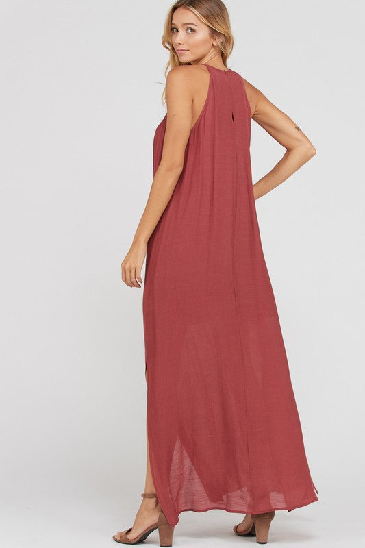 GREEK ISLAND MOTIF HALTER MAXI DRESS