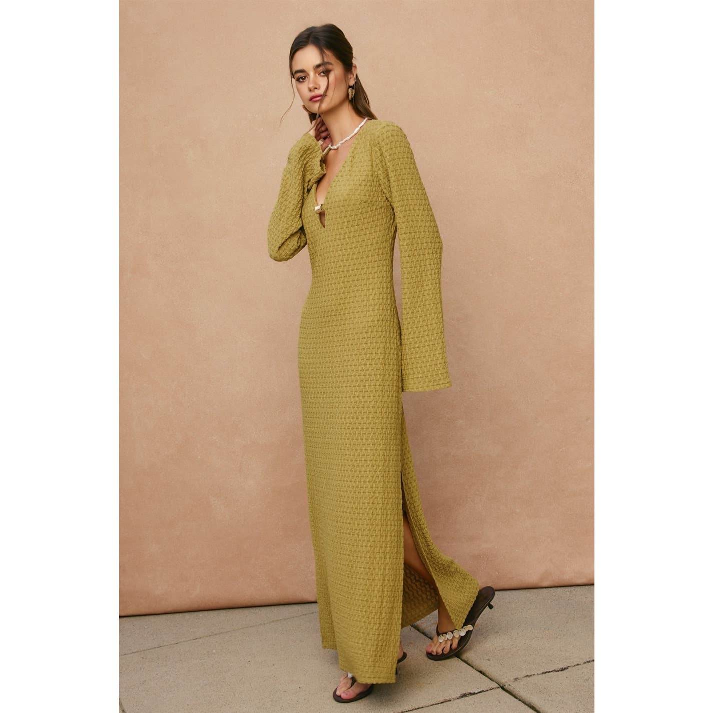 Marble Shore Gold Trim Bell Sleeve Maxi Dress