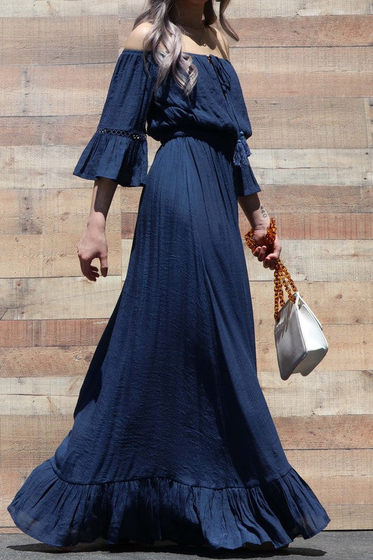 NAVY OFF SHOULDER MAXI DRESS
