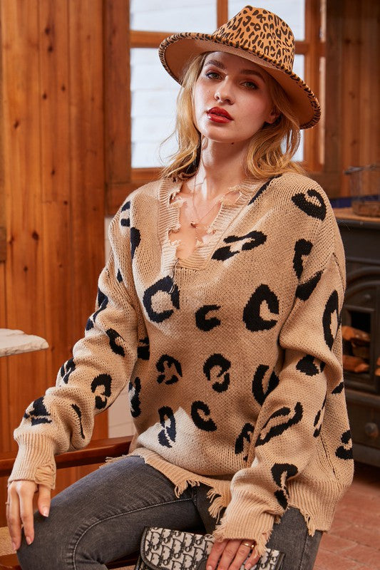 Distressed Leopard V Neck Knit Sweater