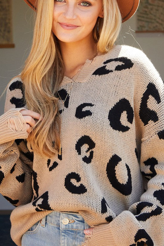 Distressed Leopard V Neck Knit Sweater