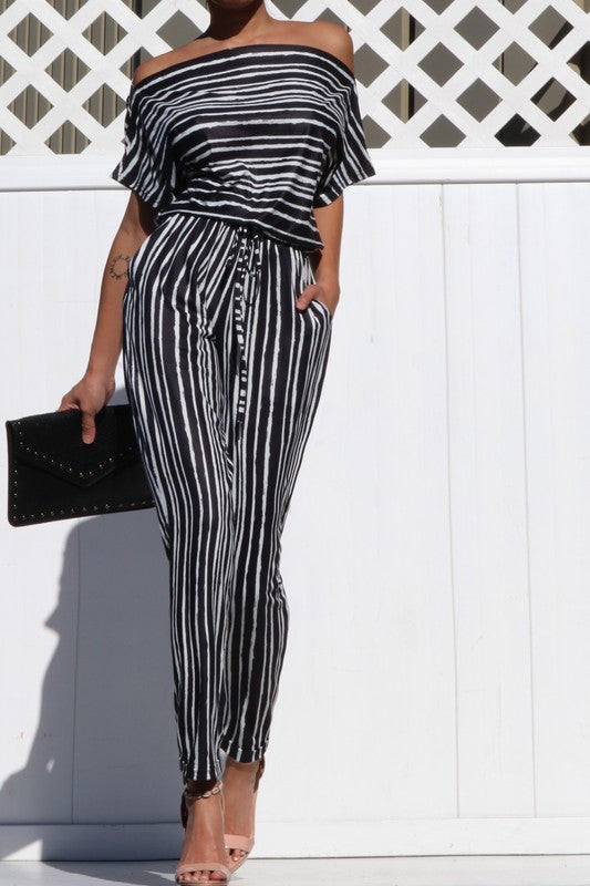 TAMRA TIE DYE  STIPE OFF SHOULDER JUMPSUIT