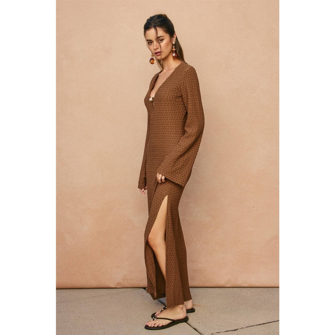Marble Shore Gold Trim Bell Sleeve Maxi Dress