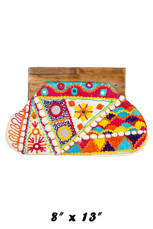 Boho Embroidered Pattern Wood Frame Clutch