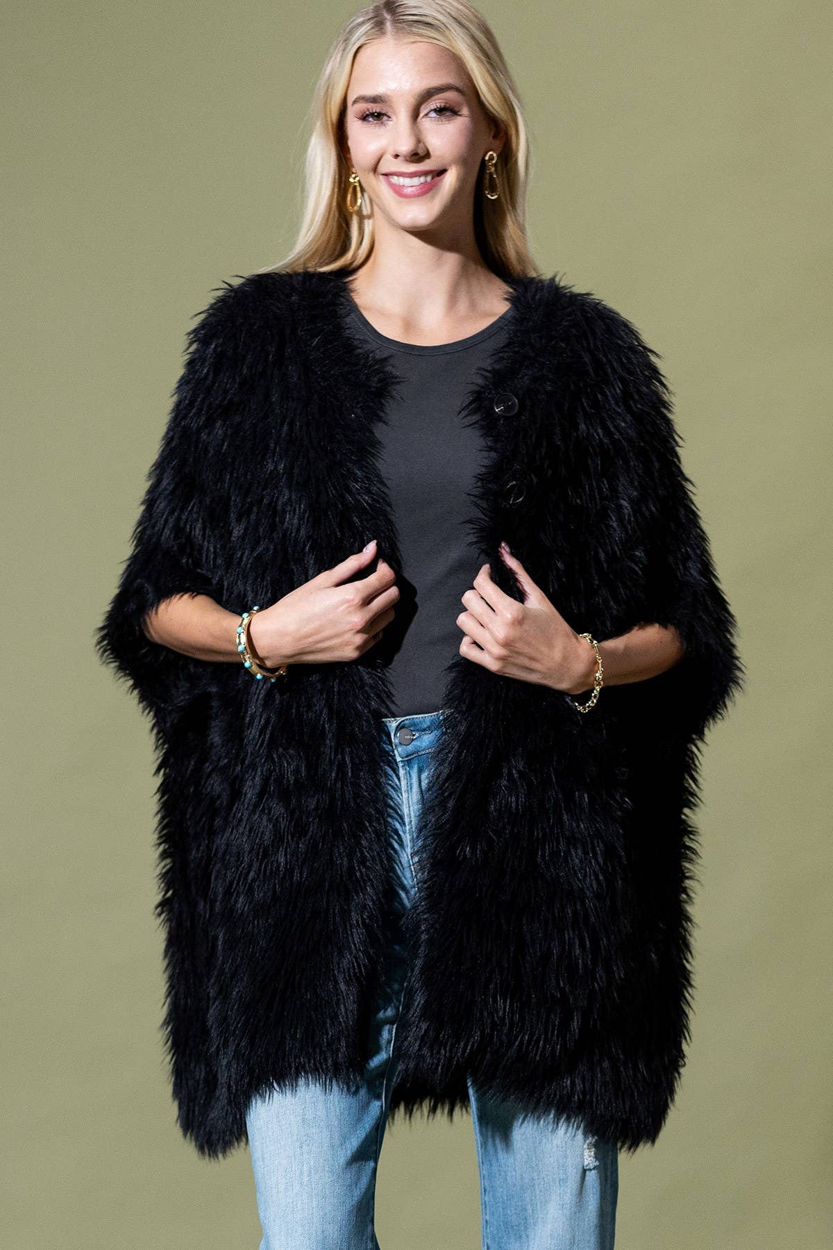 Shaggy Faux Fur Button Down Poncho