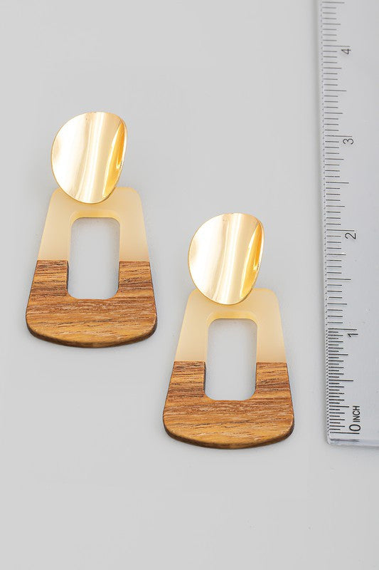 Wood Acetate Rectangle Dangle Earrings Ivory
