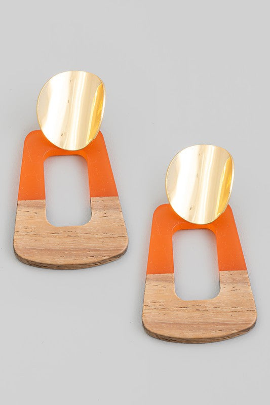Wood Acetate Rectangle Dangle Earrings Orange