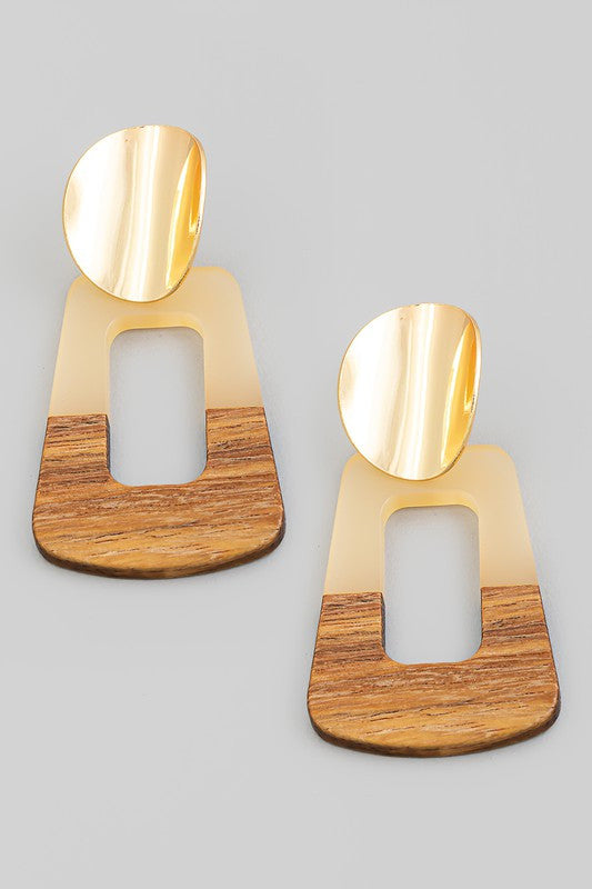 Wood Acetate Rectangle Dangle Earrings Ivory
