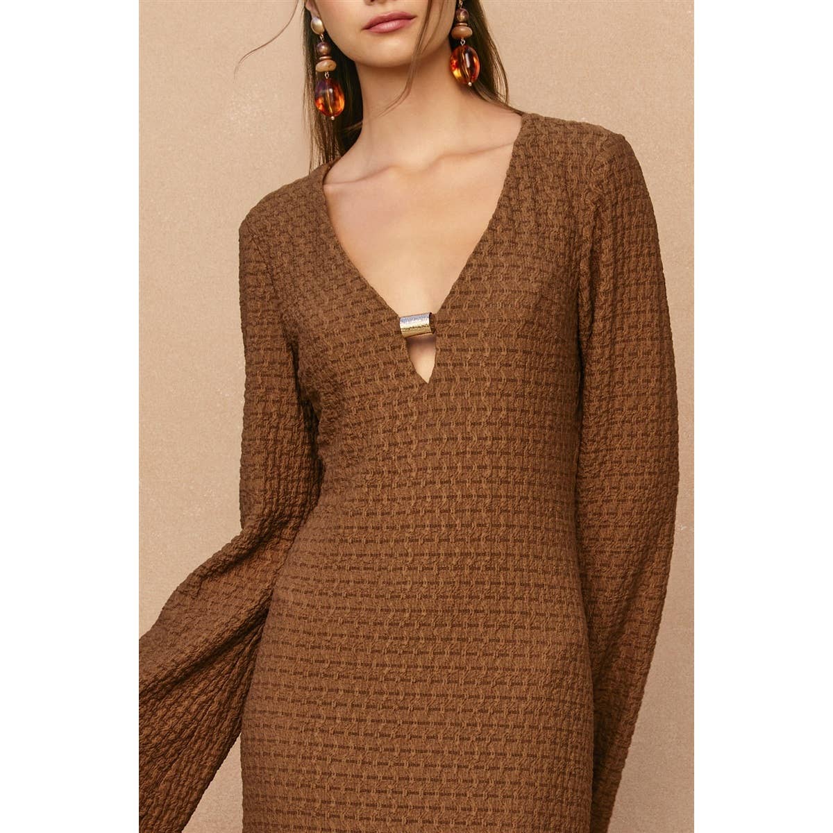 Marble Shore Gold Trim Bell Sleeve Maxi Dress