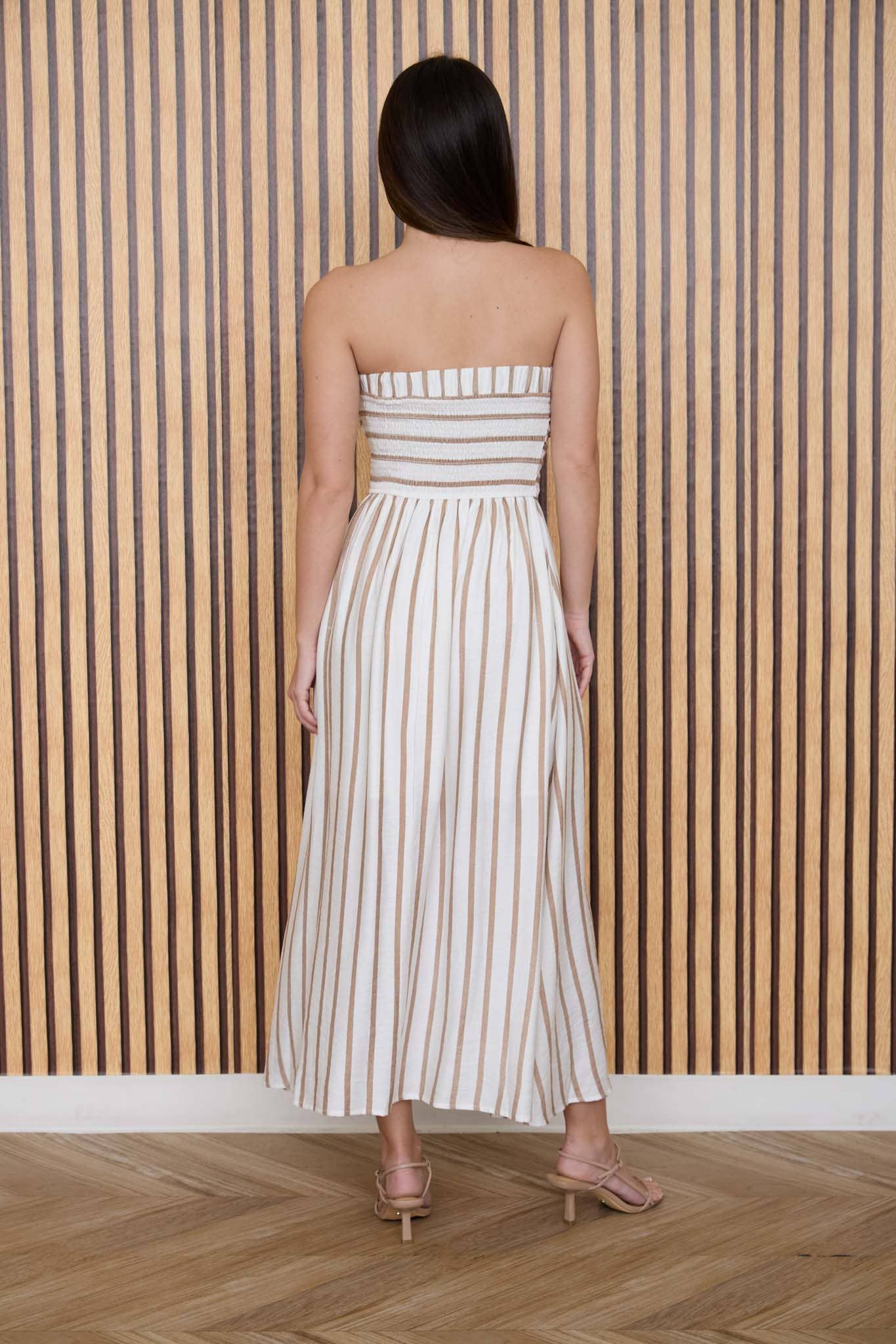 STRIPE PLEATED STRAPLESS LINEN MIDI DRESS