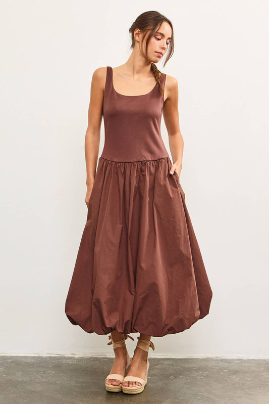BALLOON HEM SLEEVELESS MIDI DRESS ESPRESSO