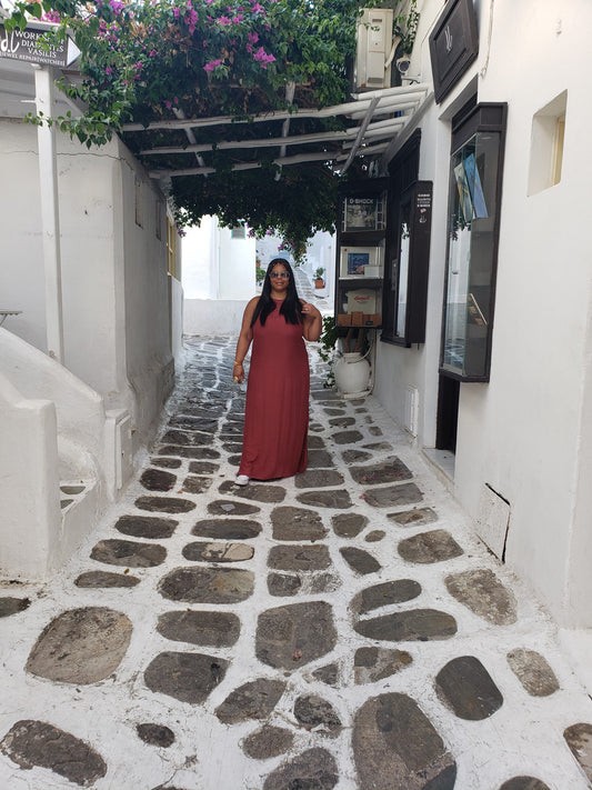 GREEK ISLAND MOTIF HALTER MAXI DRESS