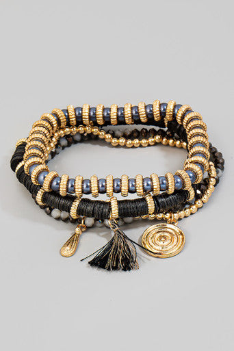 Black Coin And Tassel Charm Mixed Beaded Bracelet Set