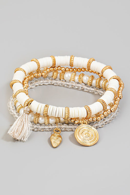 Coin And Tassel Charm Mixed Beaded Bracelet Set